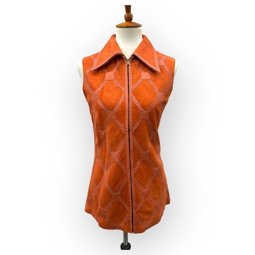 Vintage 60’s Suede Wool Vest Zipper Pointed Collar Orange
