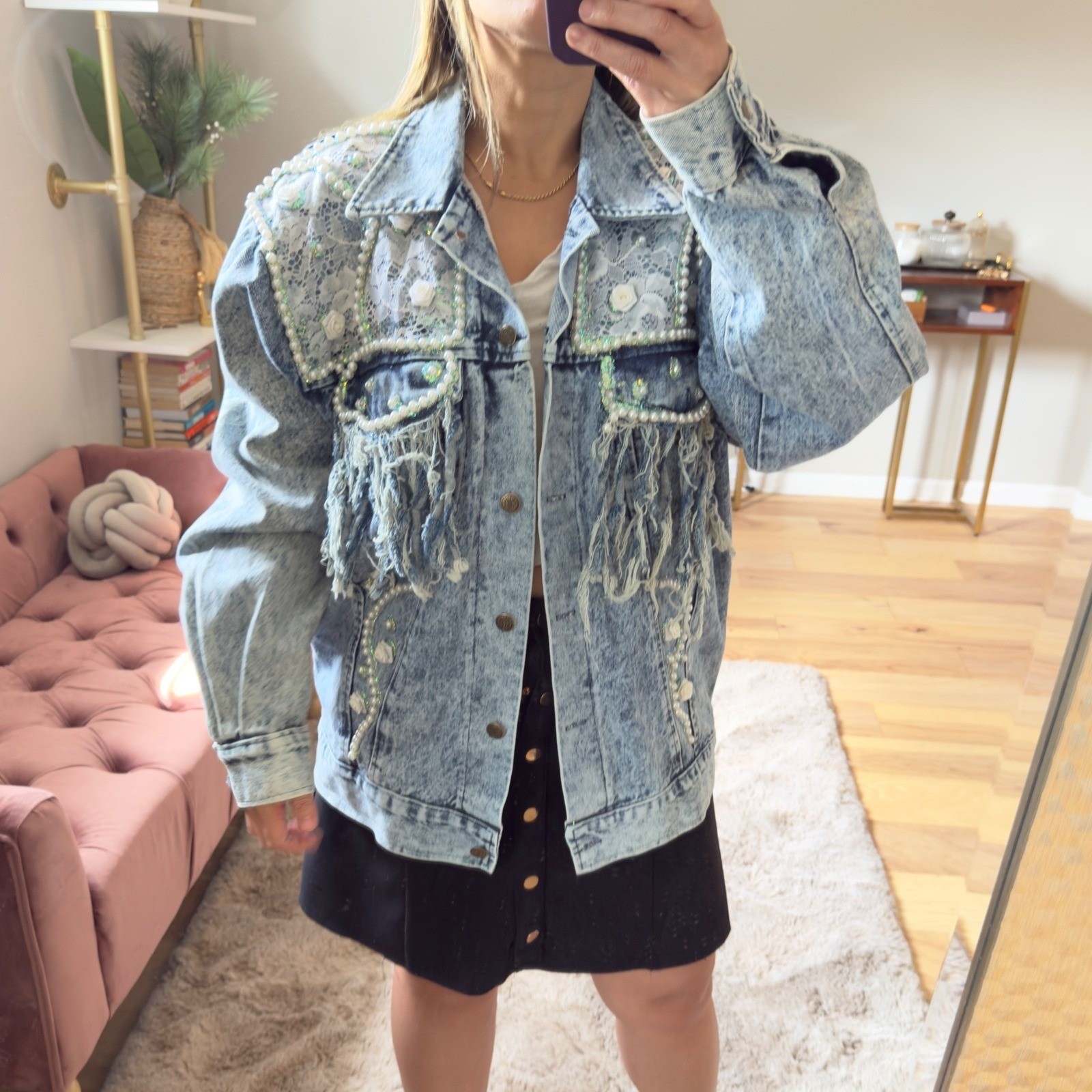 K.W.B.L Vtg 80s Oversized Embellished Denim Jacket Acid Wash Lace Pearl Boho