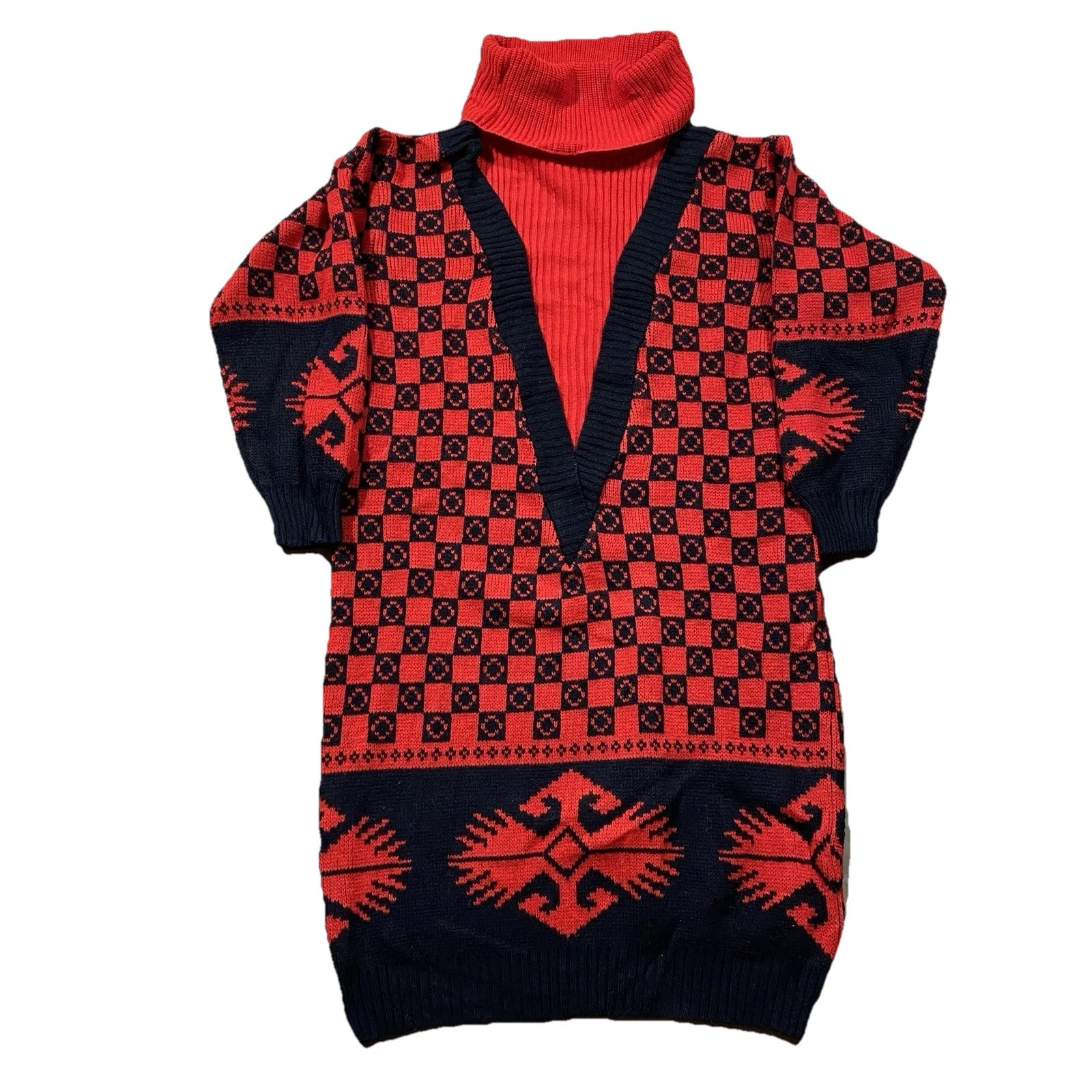 Vintage 80s Dressy Tessy Sweater Dress S Red Black Geometric Knit Taiwan ROC