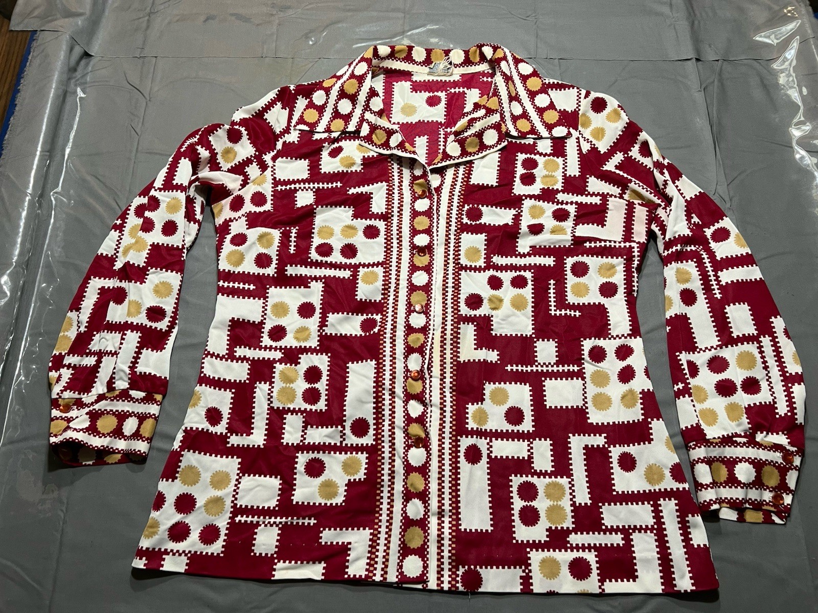 Pykettes Womens Disco Geometric Red Shirt Blouse VTG London Mod