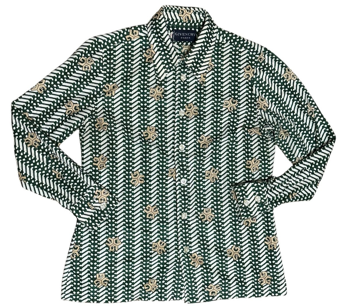 VTG 70s Givenchy Paris Monogram Long Sleeve Blouse Shirt Size 16 XL/L Polyester