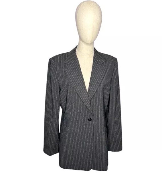 Vintage 90s Armani Collezioni Black White Pinstripe Single Button Blazer Size 12