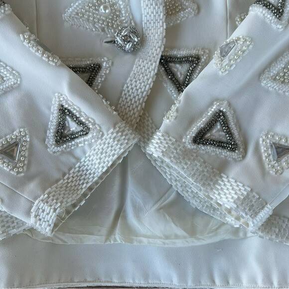 VTG Beaded Evening Jacket Heavily Embellished Winter White Pearl Triangle Sz 10