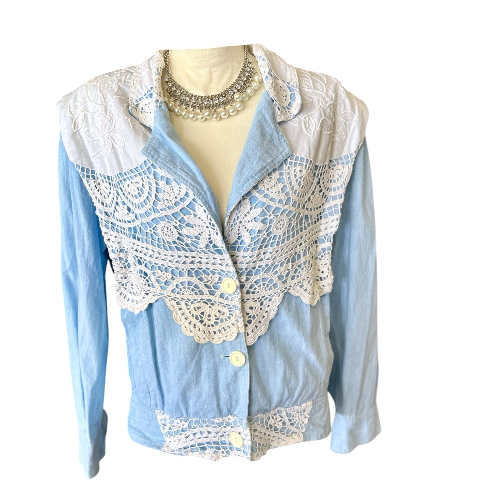 Vintage 1980s Lims Ivory Crochet Lace Cotton Chambray Demin Button Jacket Sz