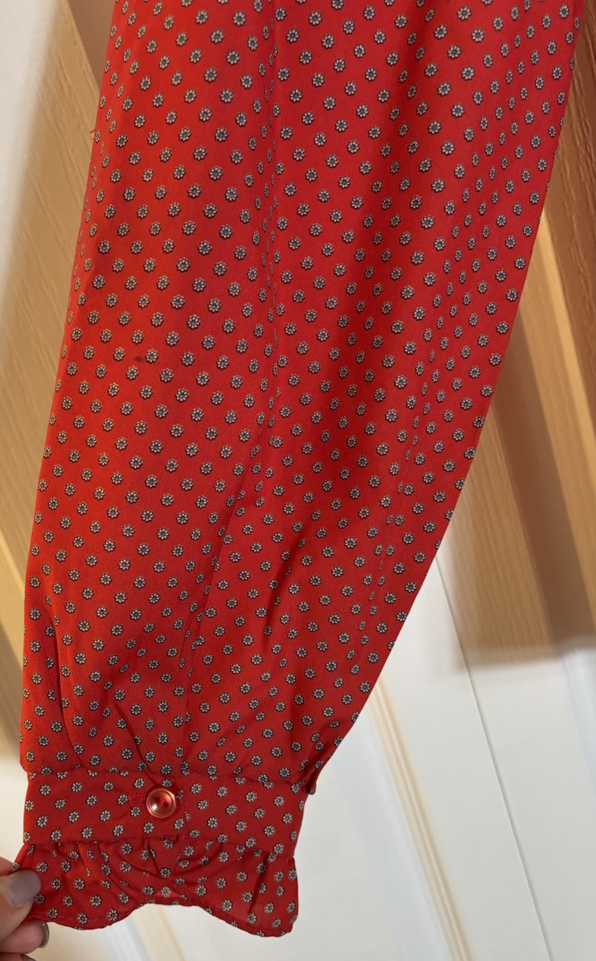 Vintage LEWMAR 1970s Red Floral Ruffled High Neck Blouse Secretary Geek XL