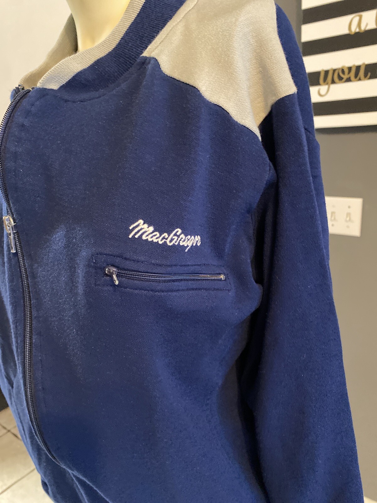 MacGregor Vtg Track Jacket Sz L Full Zip Navy Blue Gray Striped Sweater