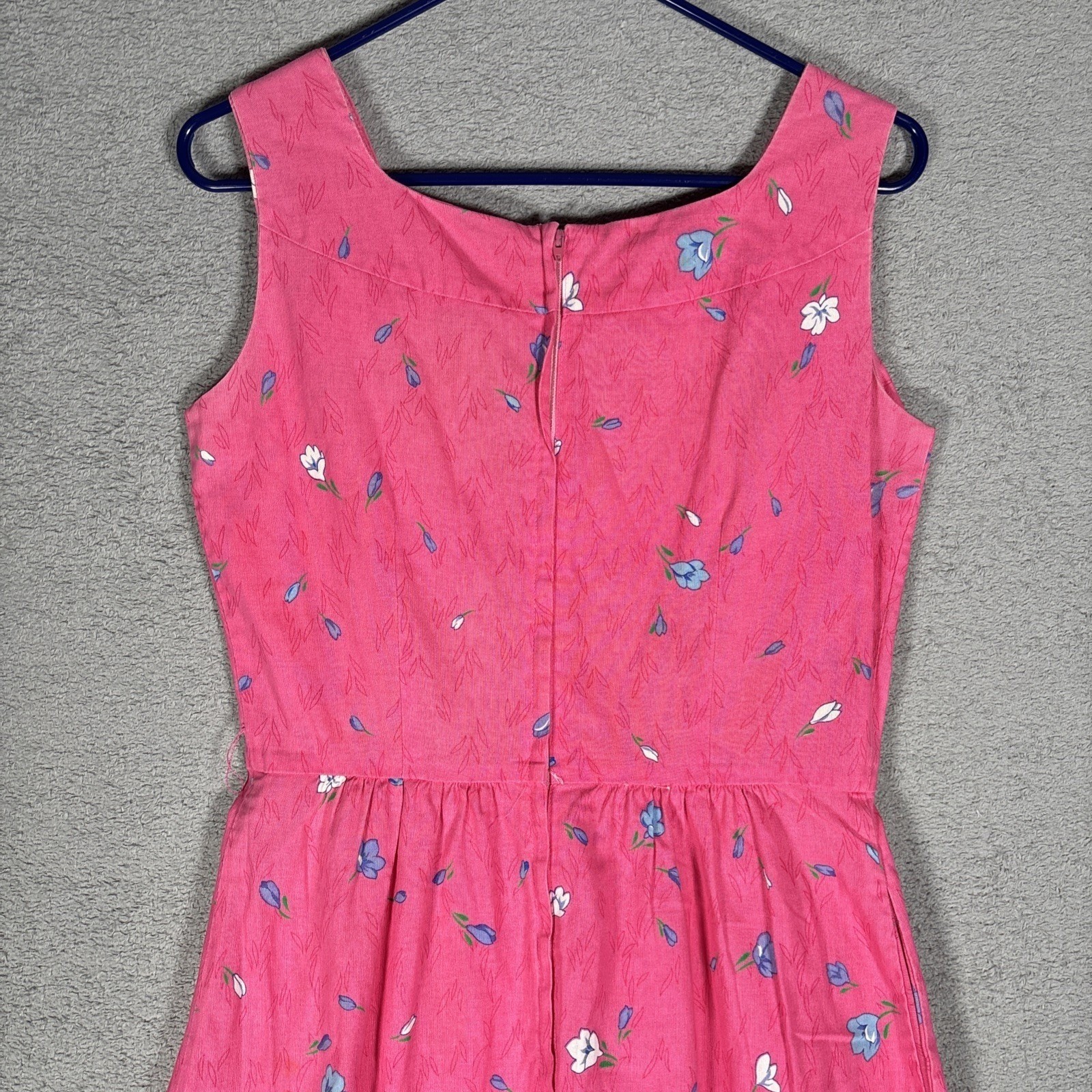 Malia Vintage Pink Floral Cotton Sleeveless Fit Flare Midi Dress Pintuck Bodice