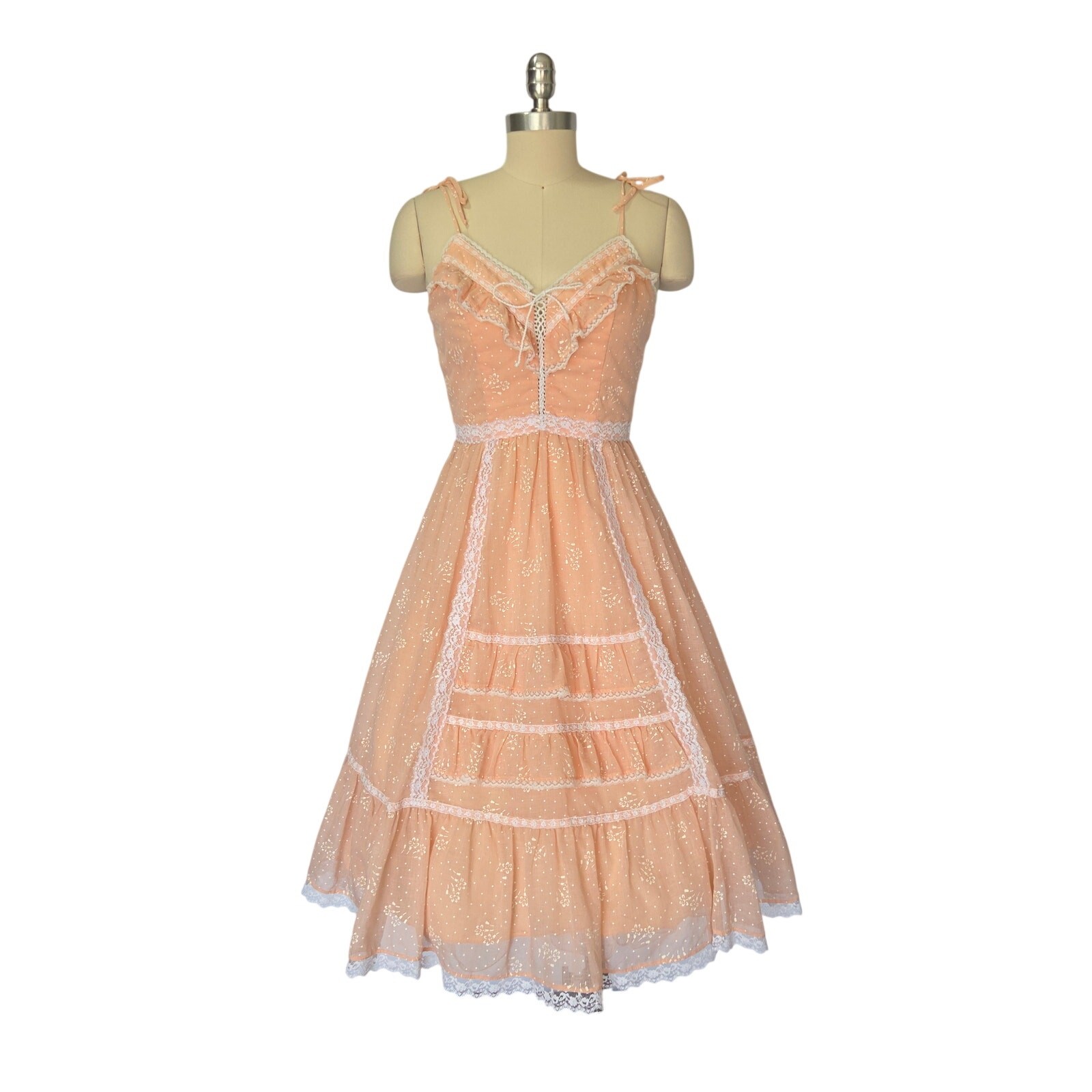 Candi Jones Vintage 70s Prairie Midi Dress Size S 9 Peach Pink Corset Lace Up