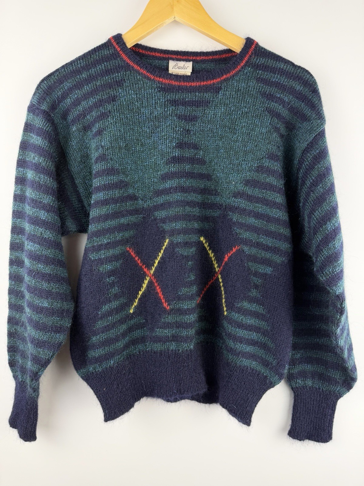 Basler Mohair Sweater Navy Teal Striped Made Italy Women’s Sz 8 Vintage 90s
