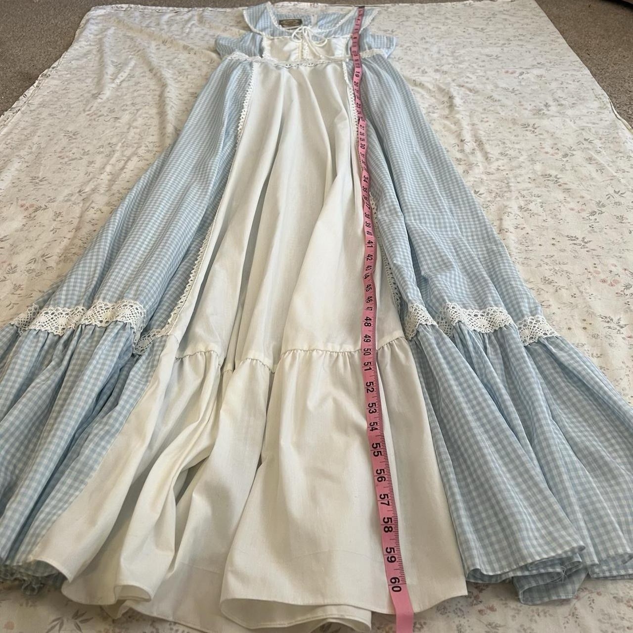 Vintage 70s Gunne Sax Maxi Dress Size 11 Gingham Blue Corset Front Crochet Lace