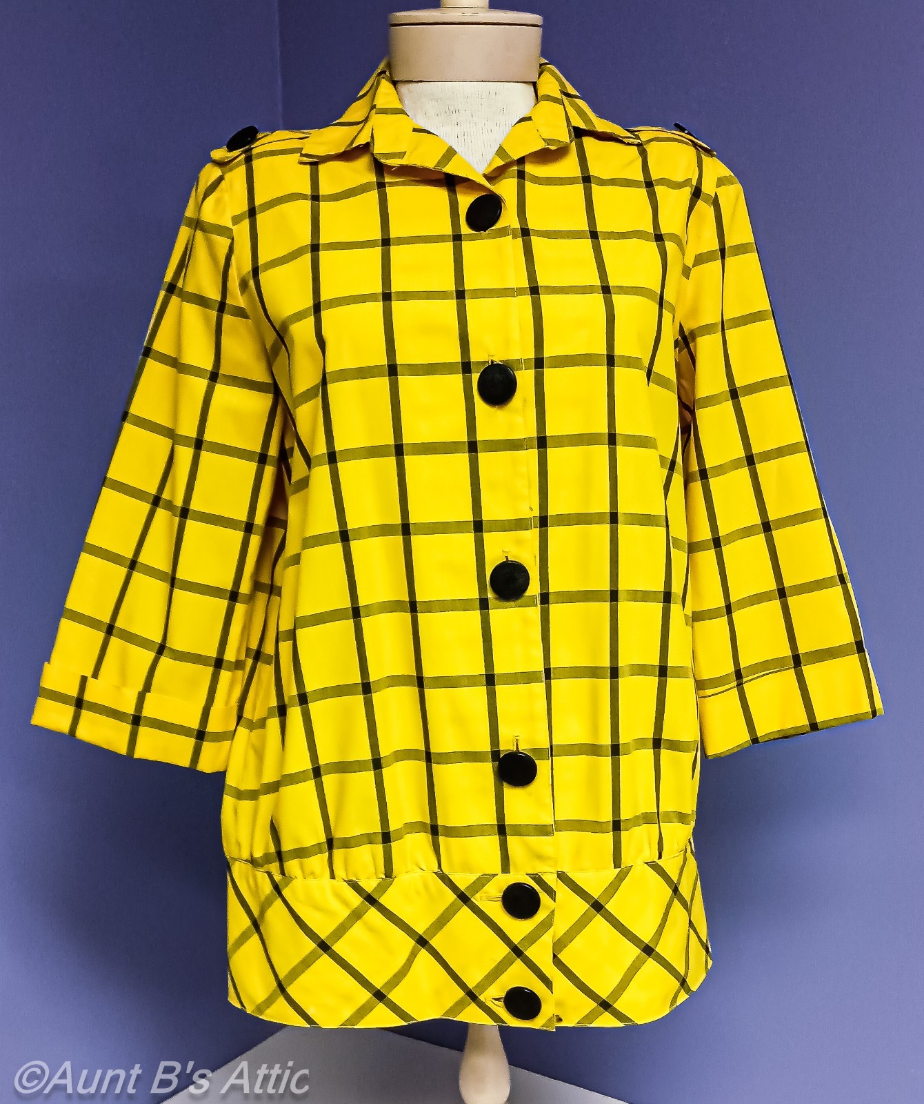 Vintage 80’s Samuel Blue Ladies Yellow/Blk Check Cotton Blend 3/4 Sleeve Top Lg