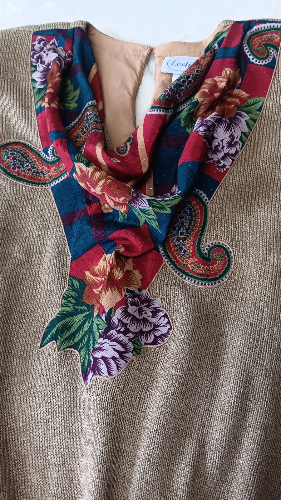 Leslie Fay VTG 2 Piece Set floral Paisley Skirt Knit Blouse Cowl Neck Size 16