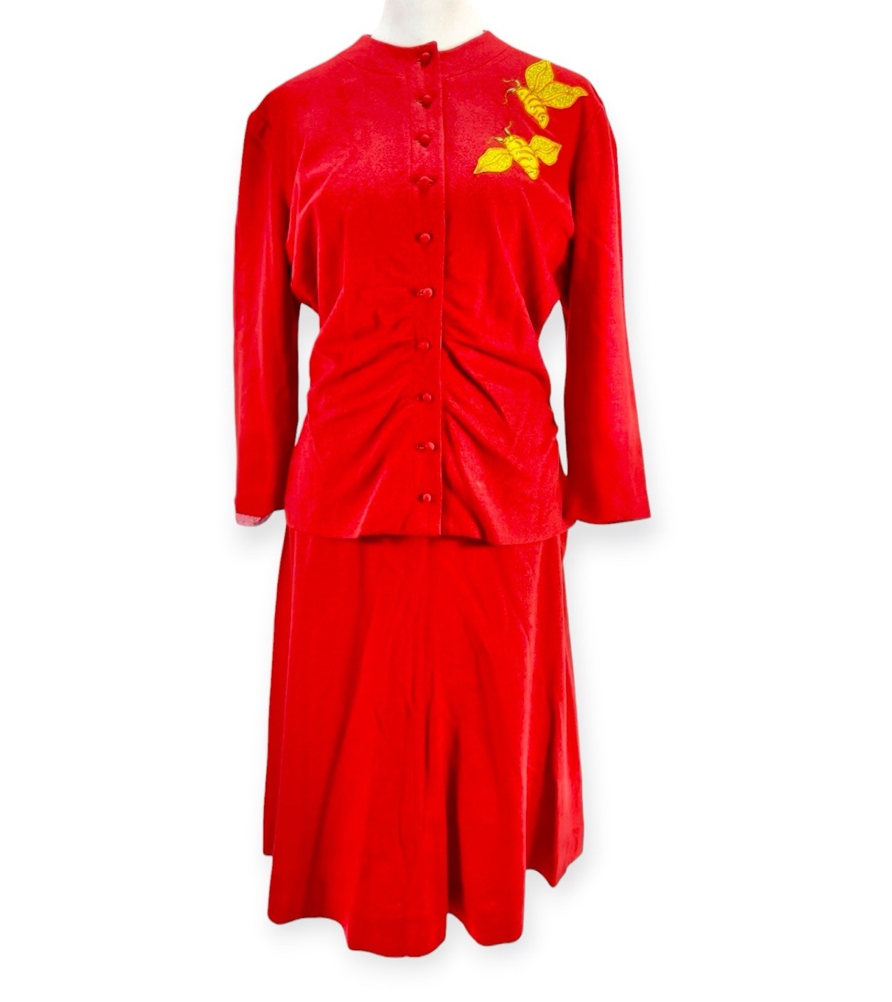 VTG 1940s RED WOOL FELT SWING SUIT JACKET SKIRT RHINESTONE BEE ROCKABILLY MCM M