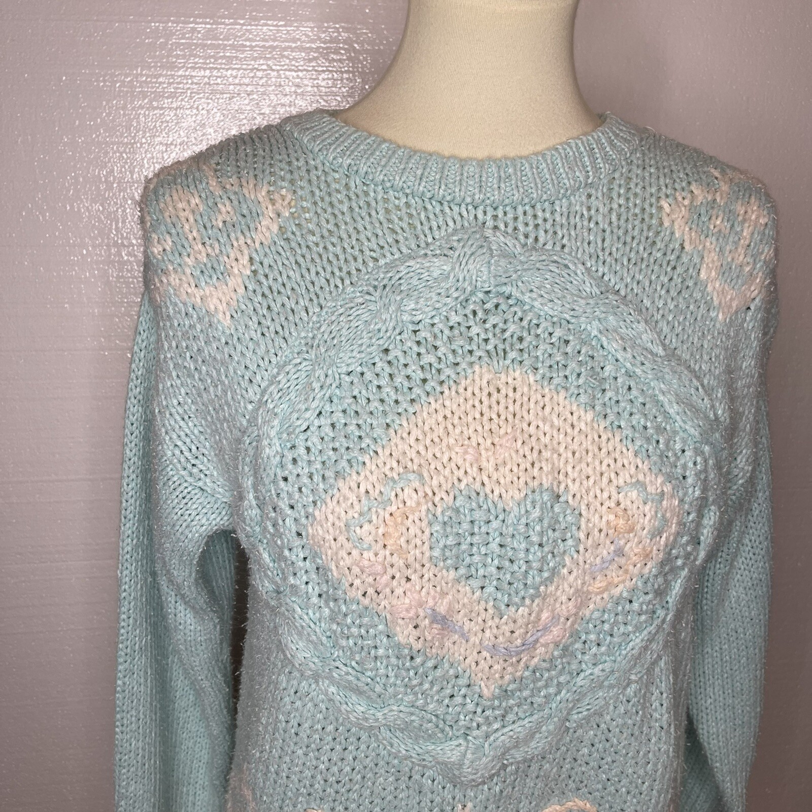 Vintage 80s Spice of Life Fairy Kei Kawaii Sweater Ramie Acrylic Sea Foam Blue M