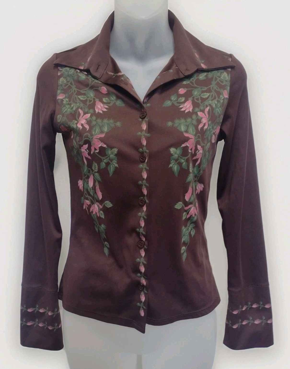 VTG 70s Brown Floral Print Button Up Blouse Long Sleeve Boho Womenl’s XS Small