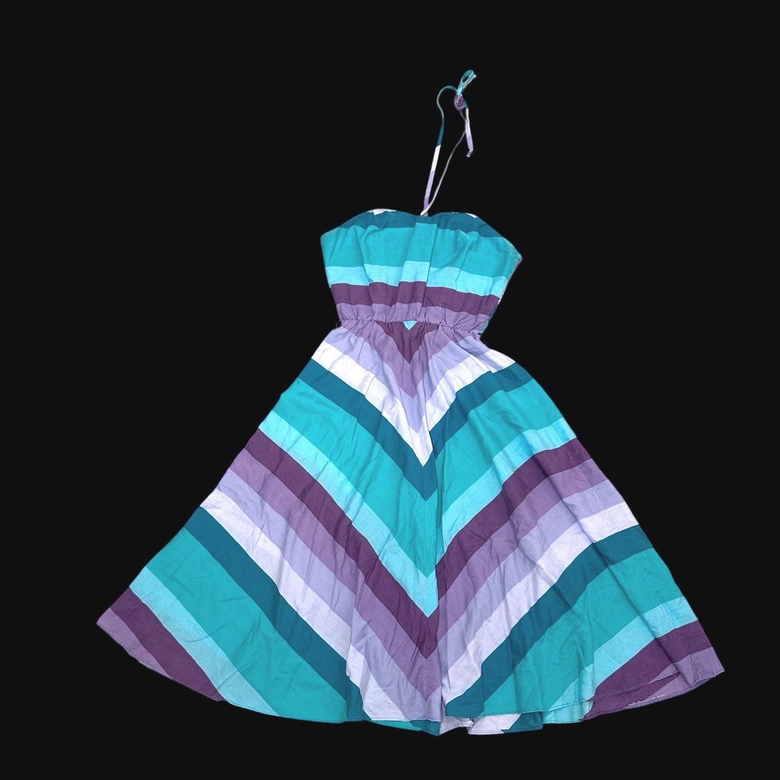 Vintage Chevron Stripe Halter Dress Teal Purple Smocked Back Sun Dress Size 11