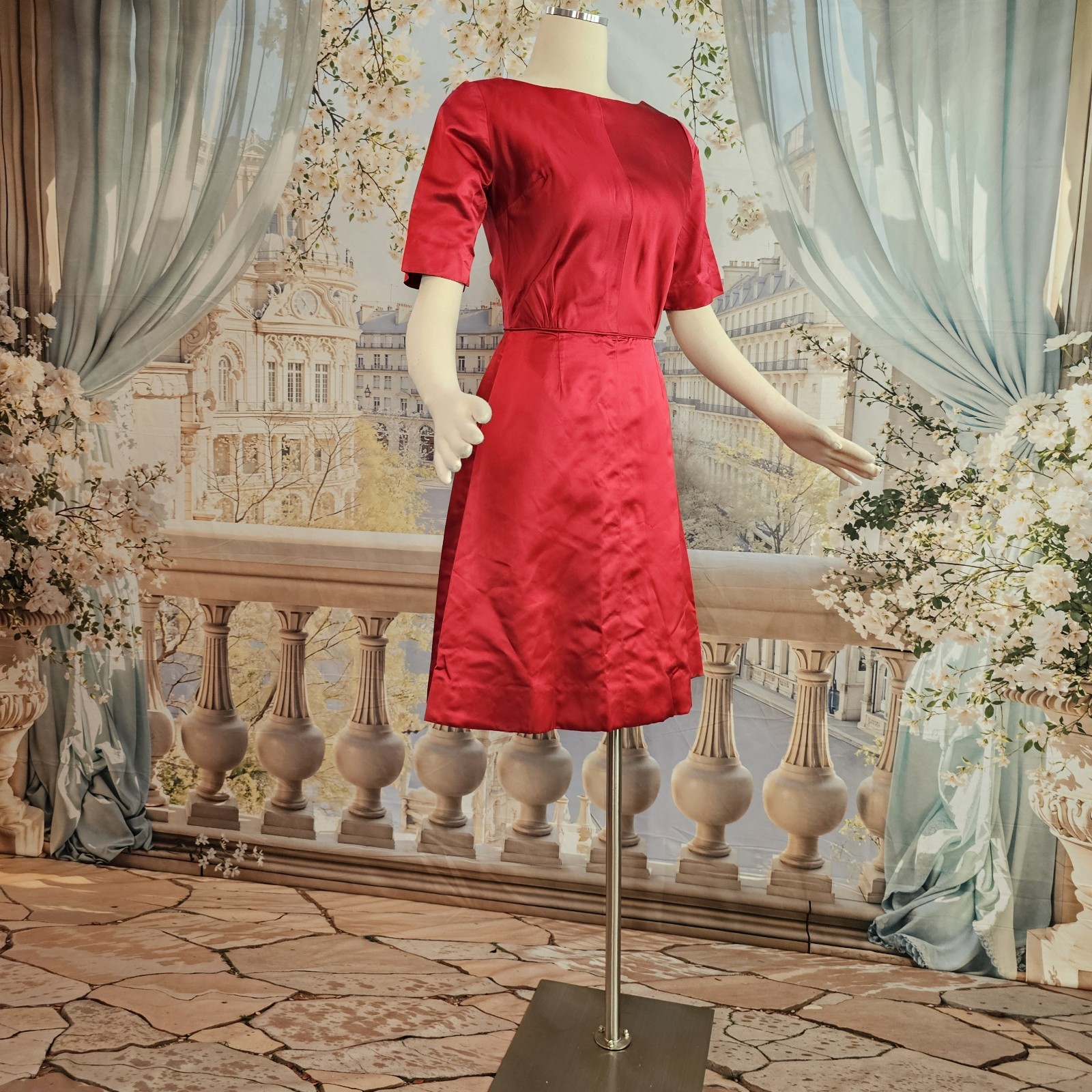 Vintage 1950s Dress Cherry Red Liquid Satin Half Sleeve Pinup Rockabilly