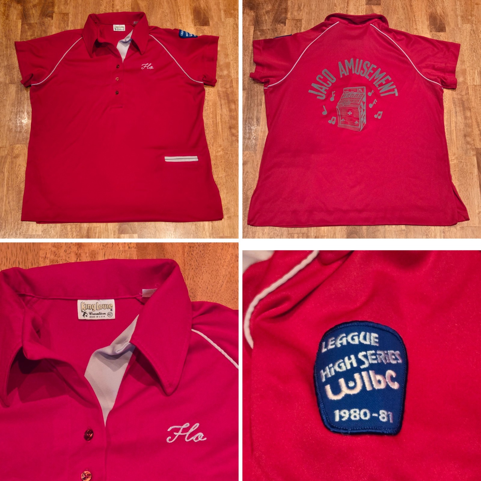 Vtg 80’s King Louie Bowling League Polo Shirt „Flo” Women’s Sz 42 Red