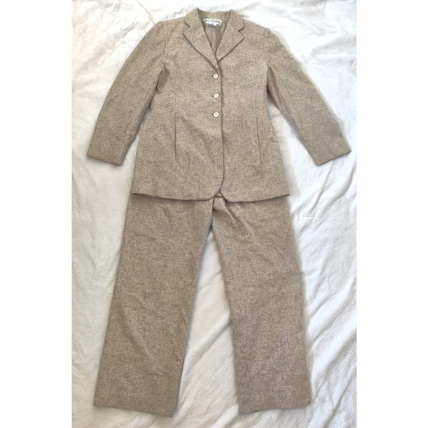 Vintage Rena Rowan Womens Tan Wool Blend Blazer & Pants Size 8/10 Suit Set Tweed