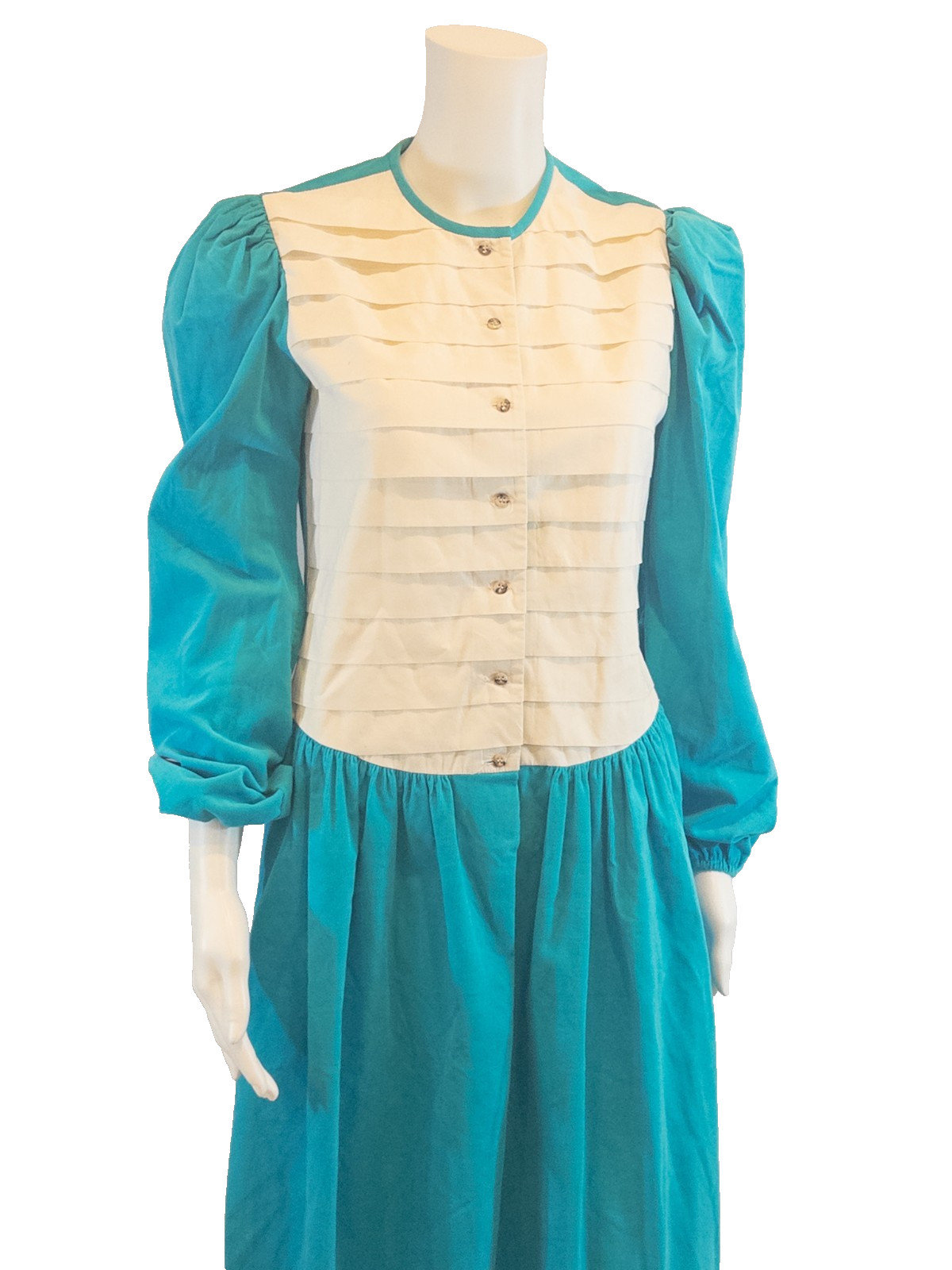 Vintage Kathryn Conover Turquoise Corduroy and White Cotton Pleated Bodice – 8