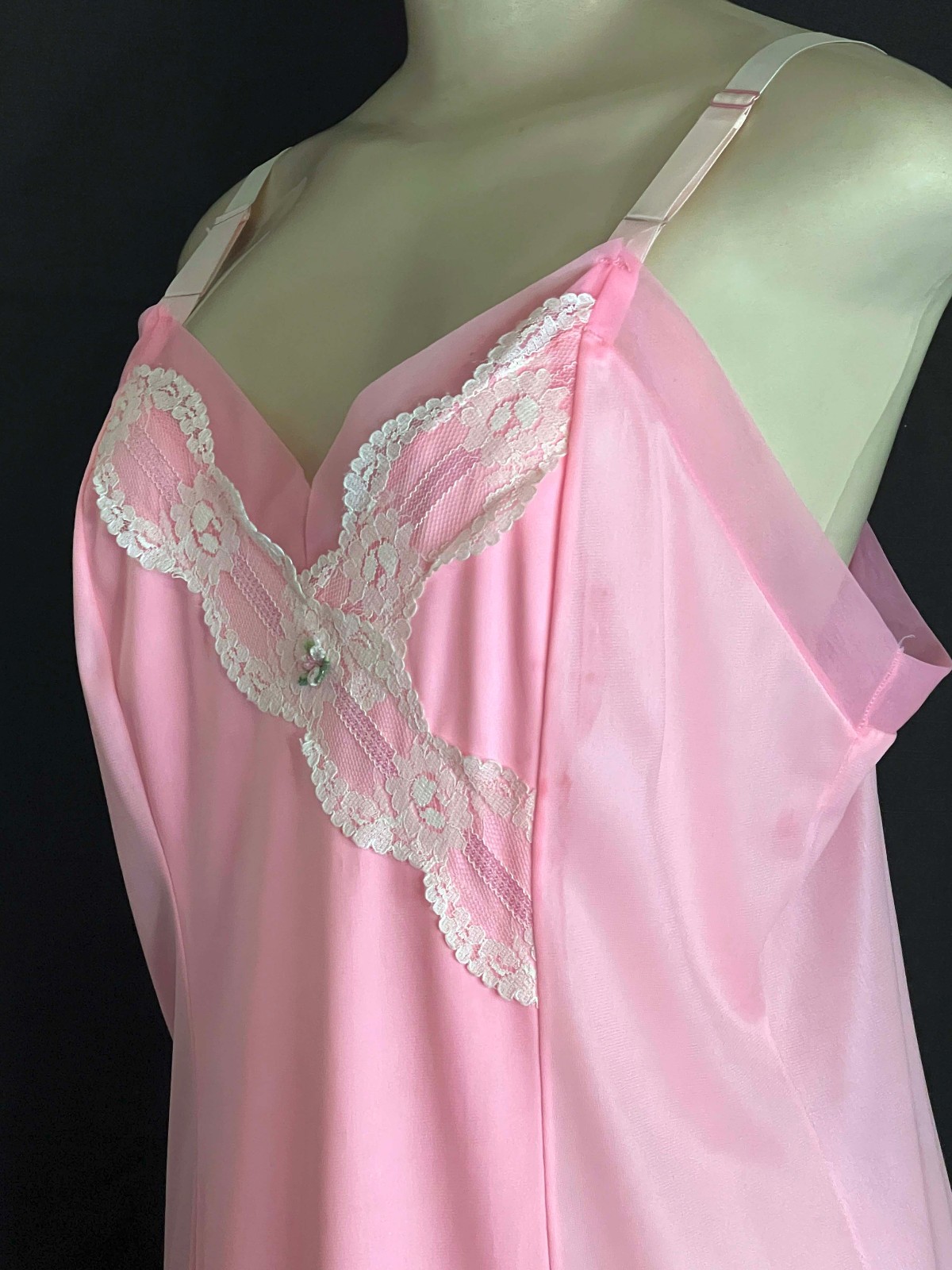 Vintage 50’s Pink Nylon Satin Slip/ Nightgown/ Lace Trim- Sz. 38
