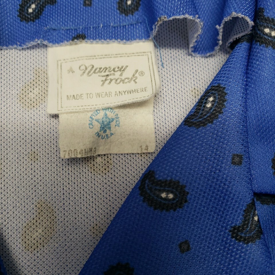 VTG Nancy Frock Wear Anywhere Dress Sz 14 Blue Floral Paisley Short Sleeve Belt