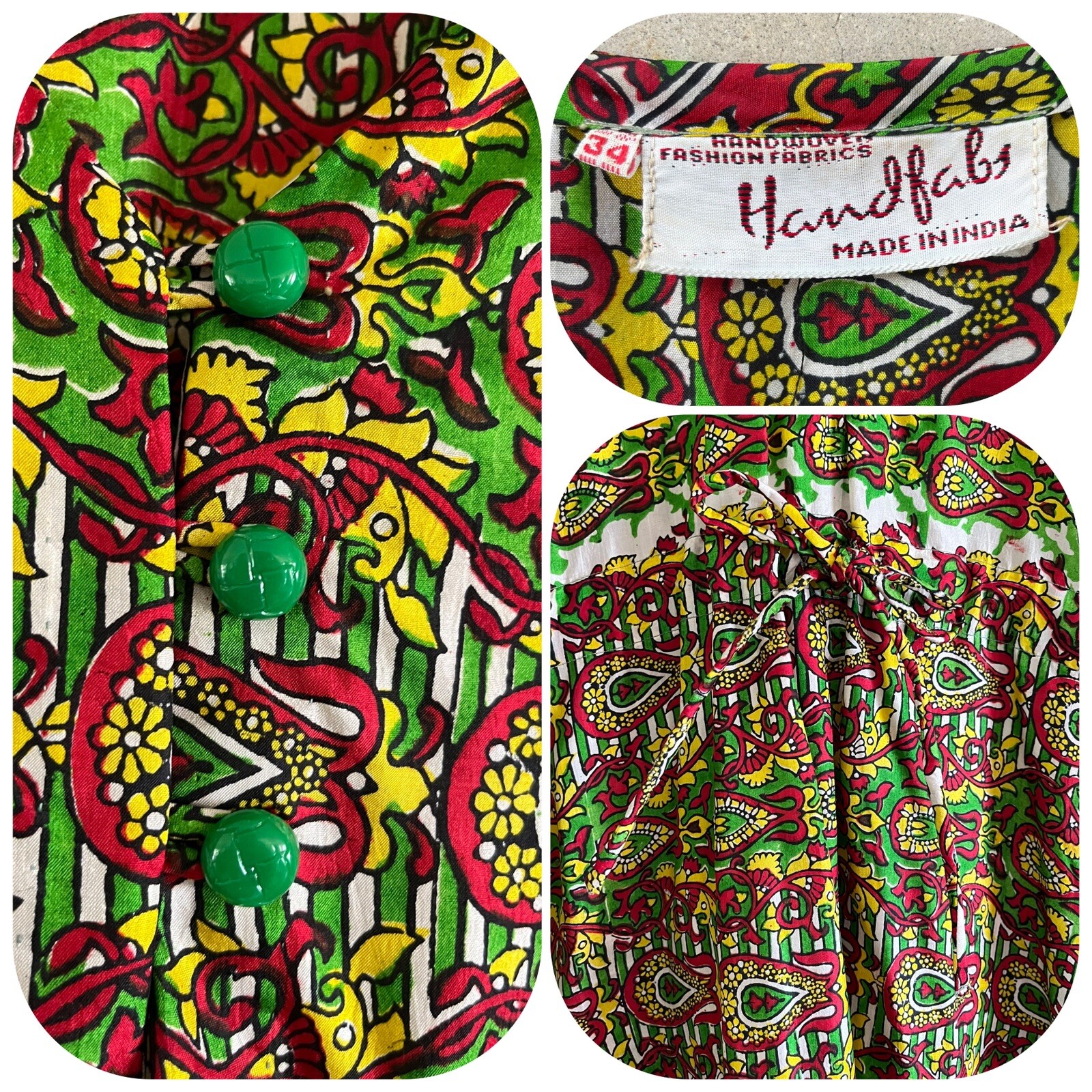 70s Handfabs Indian Block Print Caftan Dress Maxi Mumu Beach Cabana Pool 80s VTG