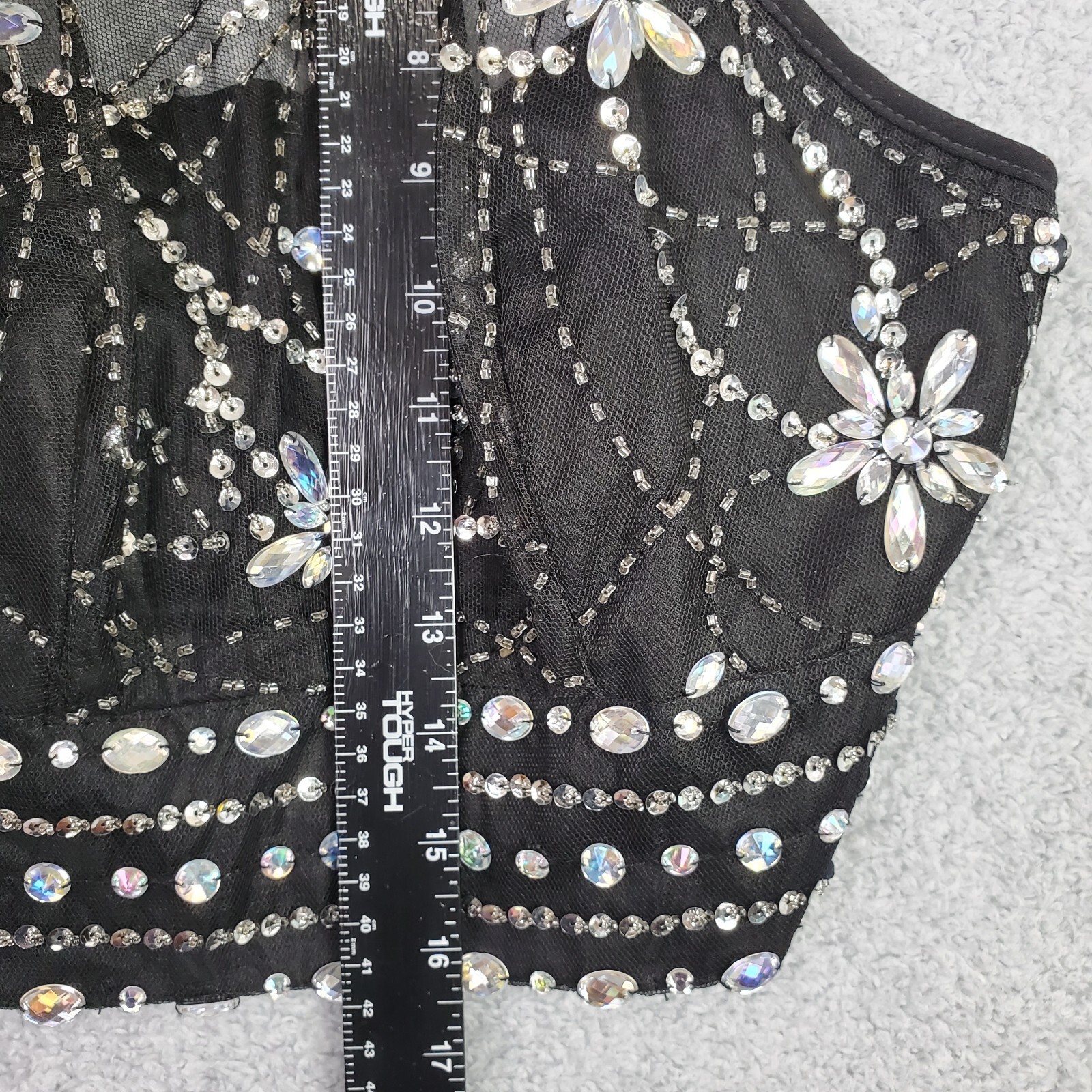 Vtg B Darlin Top Size S Black Halter Crop Embellished Jewels Sheer Padded Zip Up