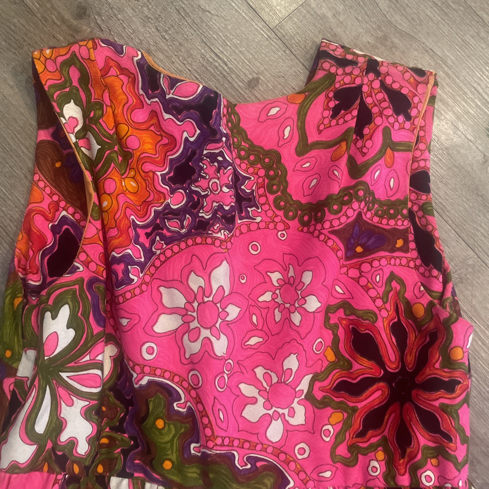 Vtg Sleeveless Maxi Dress Hot Pink Multicolor Psychedelic Print Barkcloth Lg