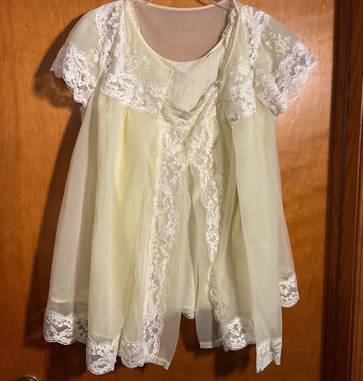 Vtg Shadowline Sheer Nylon Peignoir Set Lace Babydoll Gown Robe M