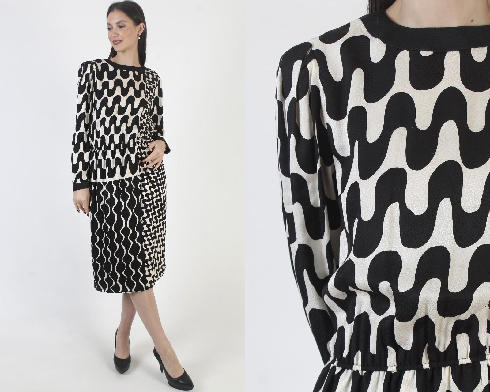 Vintage Louis Feraud Sild Dress Black White Striped All Over Print Secretary 10