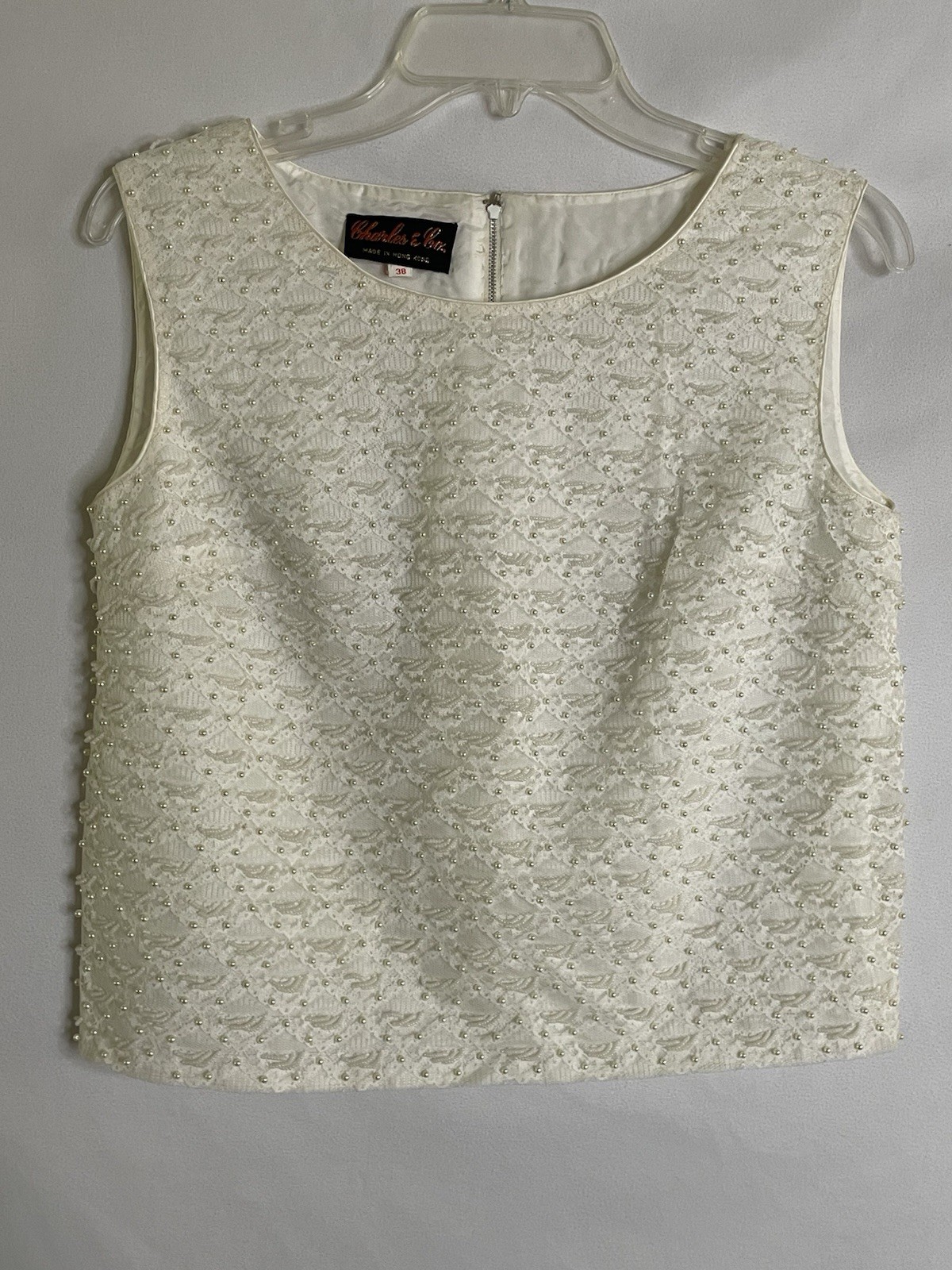 Vintage White Beaded Top 1960s Women’s 38 CHARLES & CO Sleeveless Shell Blouse
