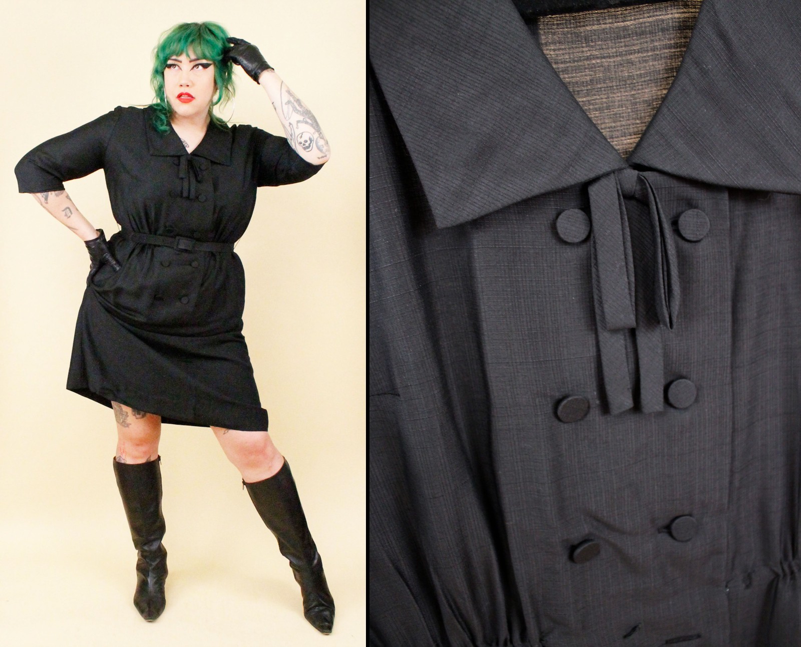 1950s Vtg Black Plus Size Volup Collared Sailor Button Dress Goth Pin Up 1X B48″