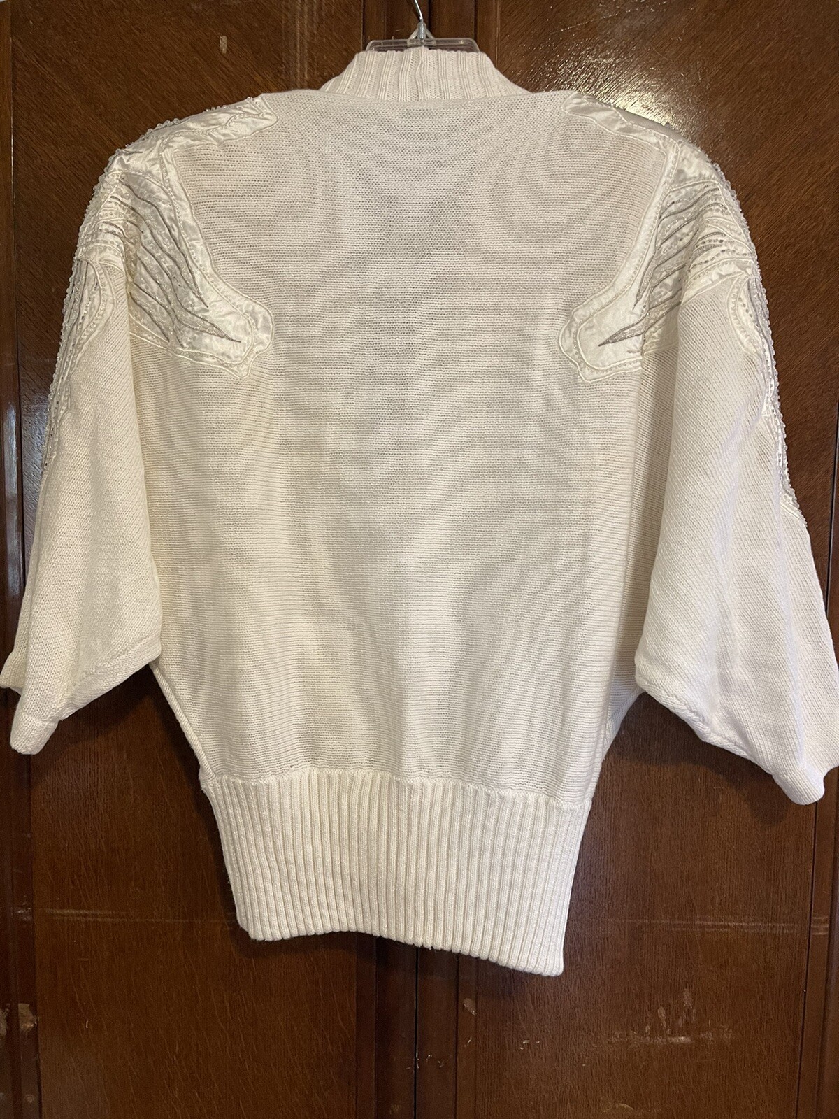 80s 90s Bonnie Boerer Beaded Cardigan Sweater Small Ivory Silver Sequins Chunky