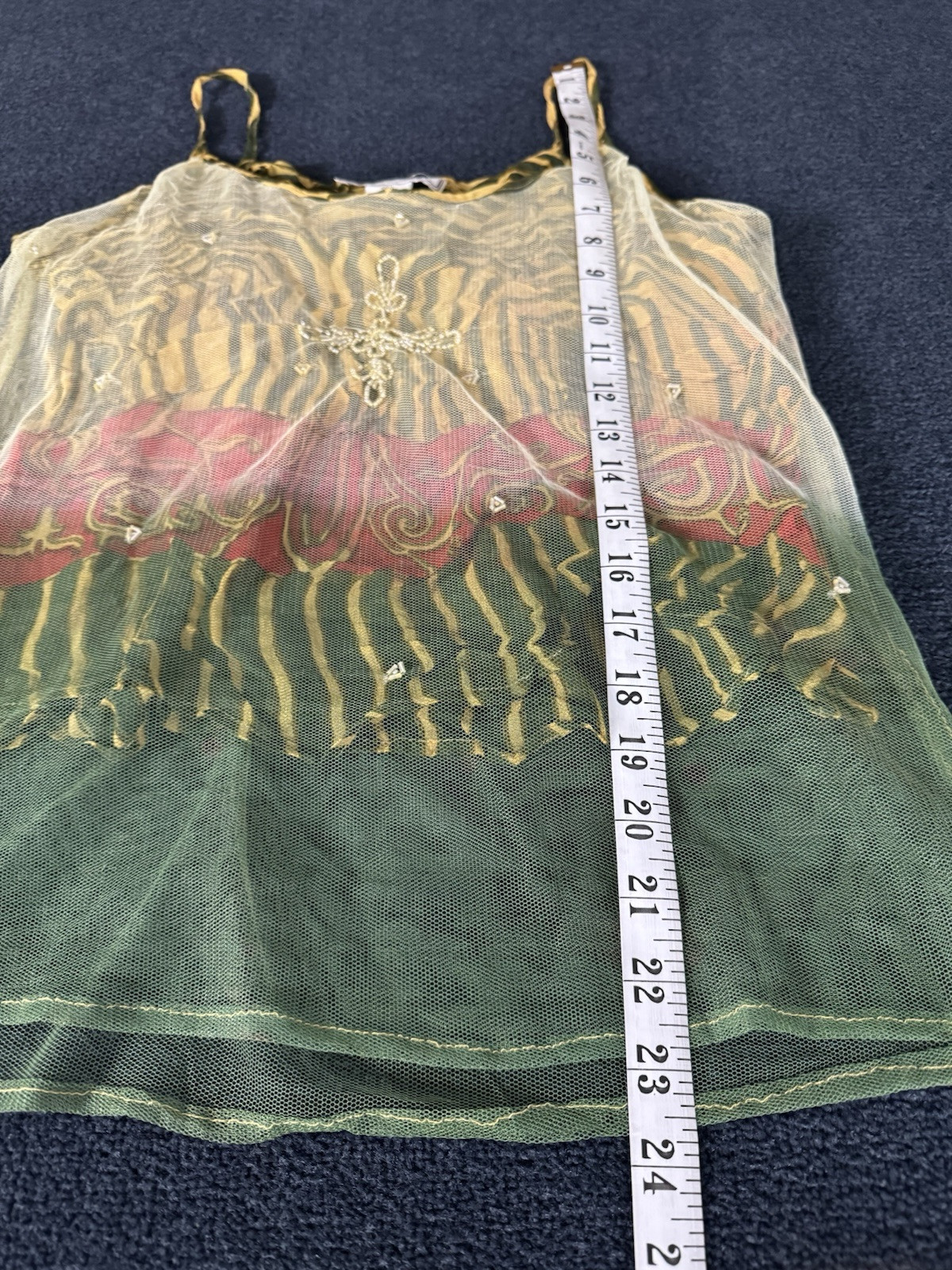 Vintage 90s Y2K Sheer Mesh Lace Beaded Tank Tattoo Grunge Goth Alt Earth Fairy