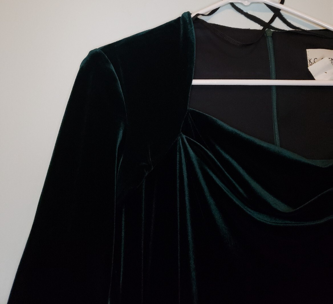 Vtg K.C. Spencer Womens Sz 8 Dress 3/4 Sleeve Green Velour Square Neckline Midi