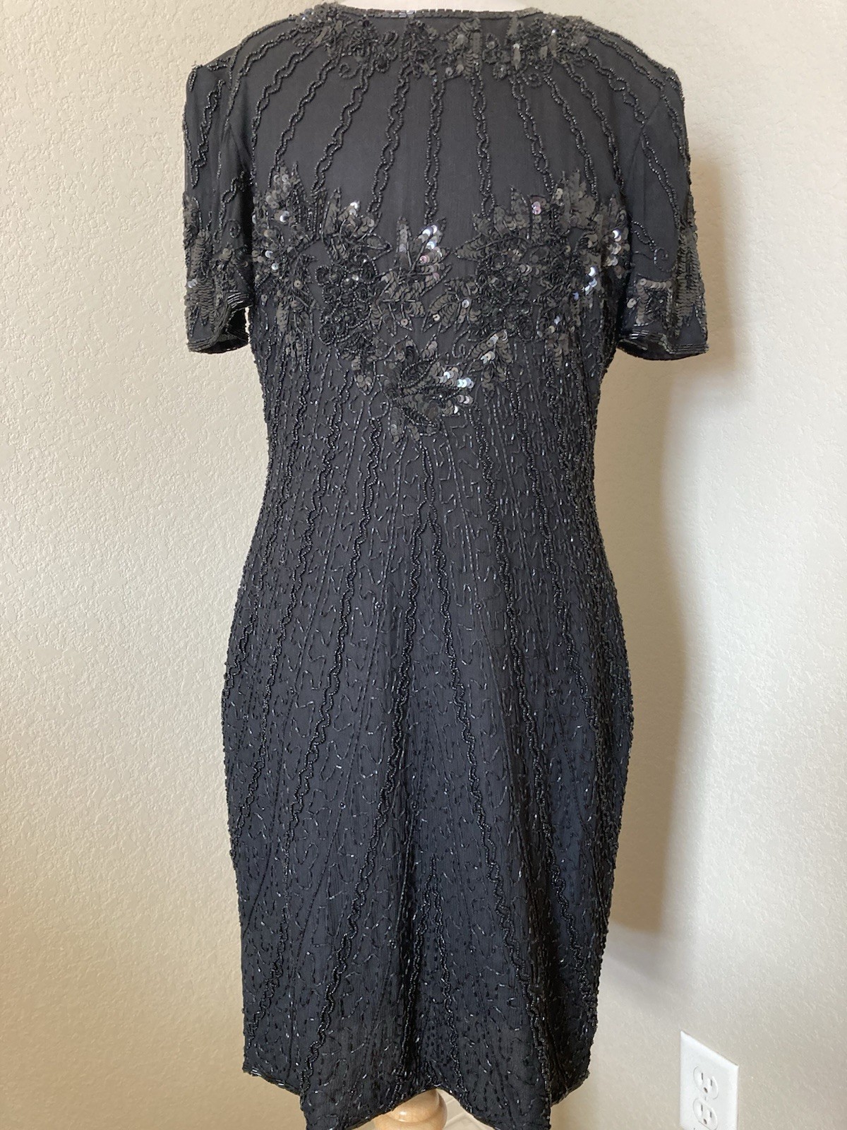 Vtg sz 8 Black Beaded Knee Length Cocktail Evening Party Club Dress Designer