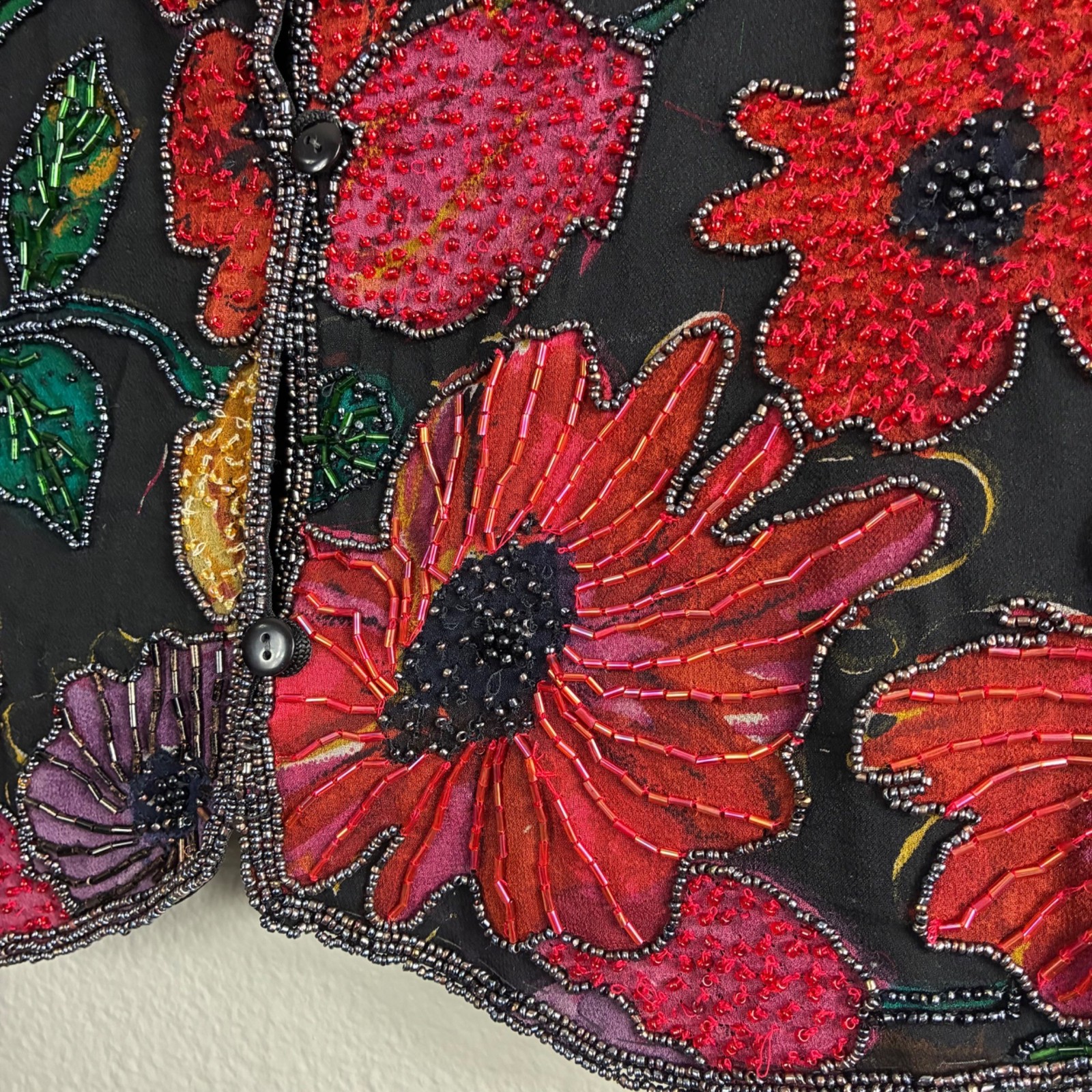 VTG 80s/90s Styleworks Silk Beaded Floral Vest M Black Boho Maximalist Artsy