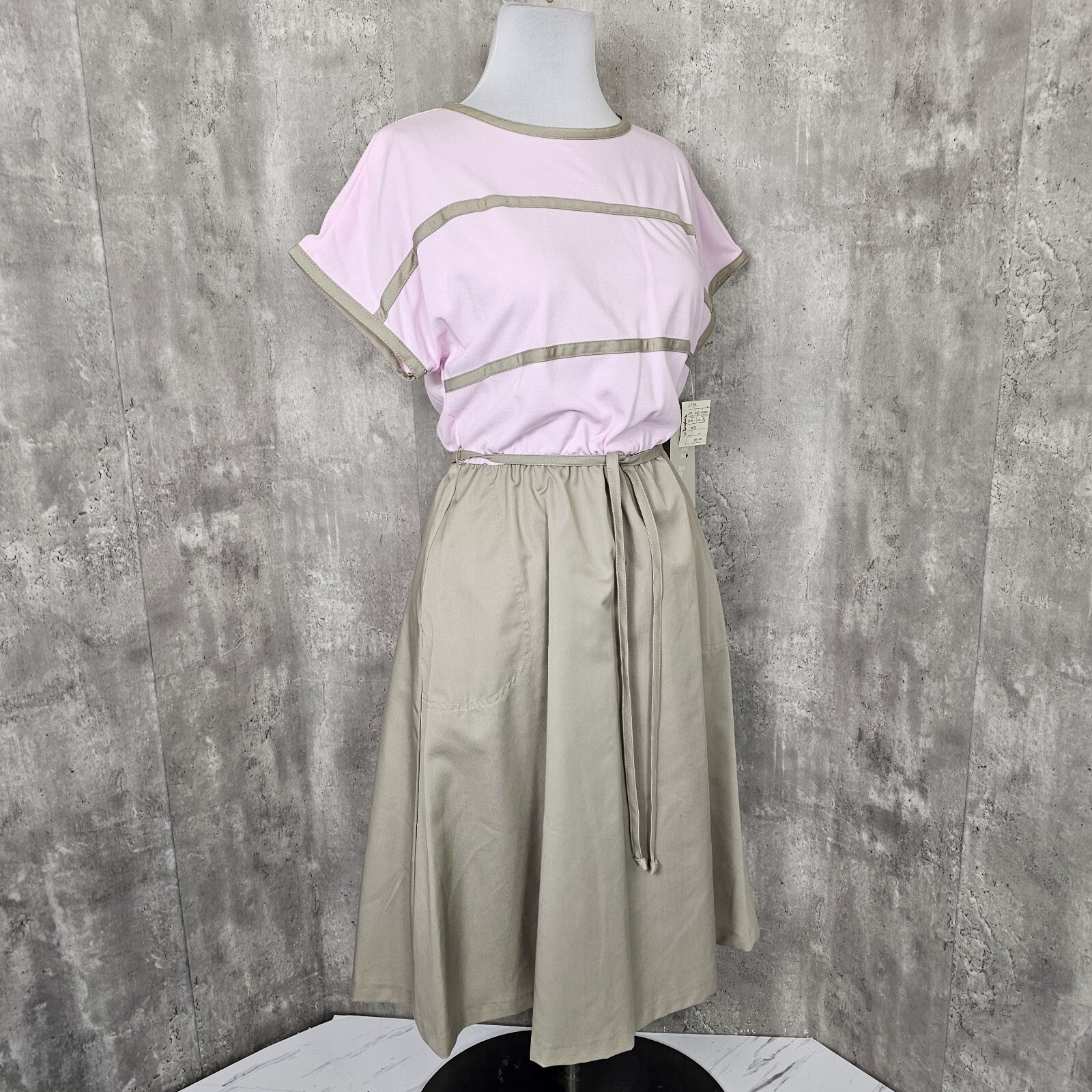Vintage 80s Kelli Kaye Lilac Tan Midi Dress NWT USA 16 1/2 Pastel Soft Retro Mod