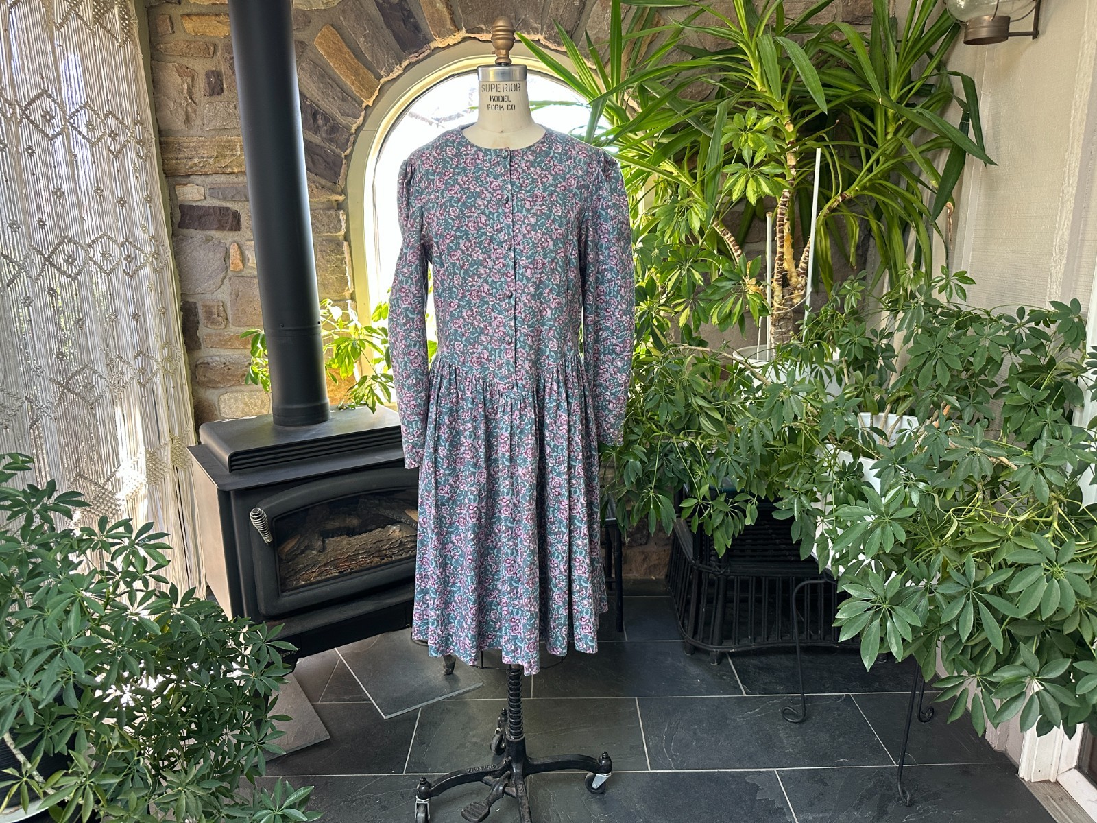 Vintage 1980s Laura Ashley Muted Teal and Mauve Ditsy Floral Cotton Wool Dress