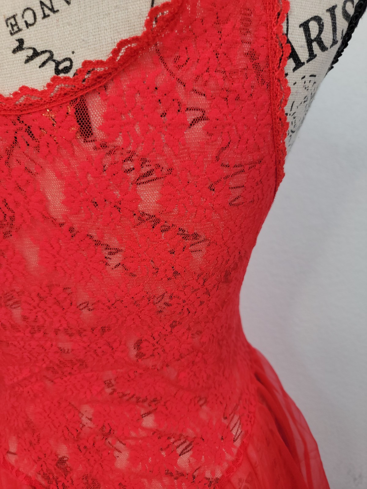 Vtg Stroke of Midnight Red Chemise L Sheer Lace Lingerie Coquette Babydoll USA