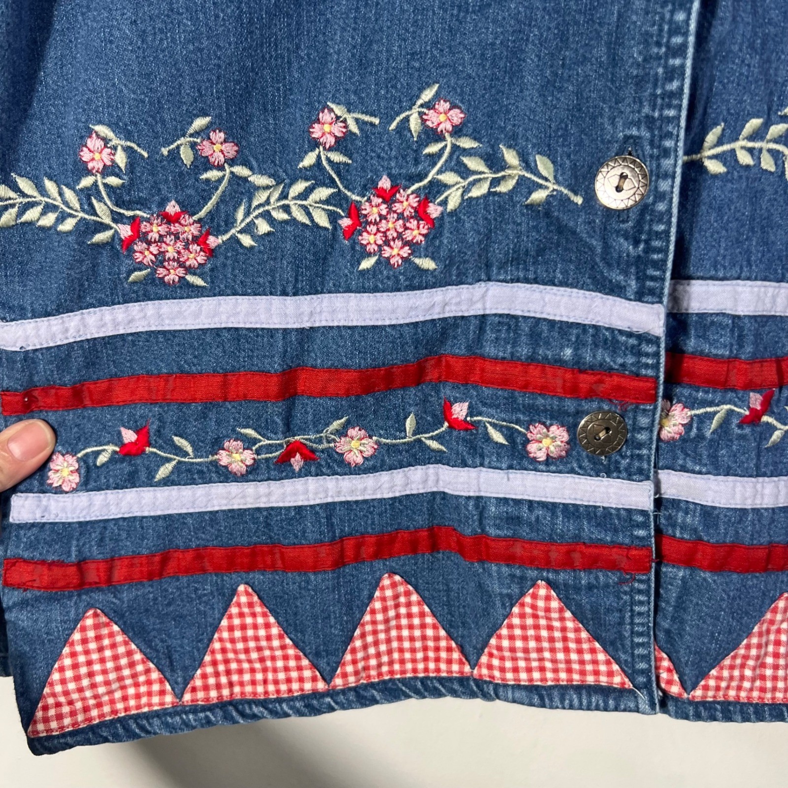 Womens Vintage Nectar Floral Embroidered Denim Button Jacket Cotton L Blue
