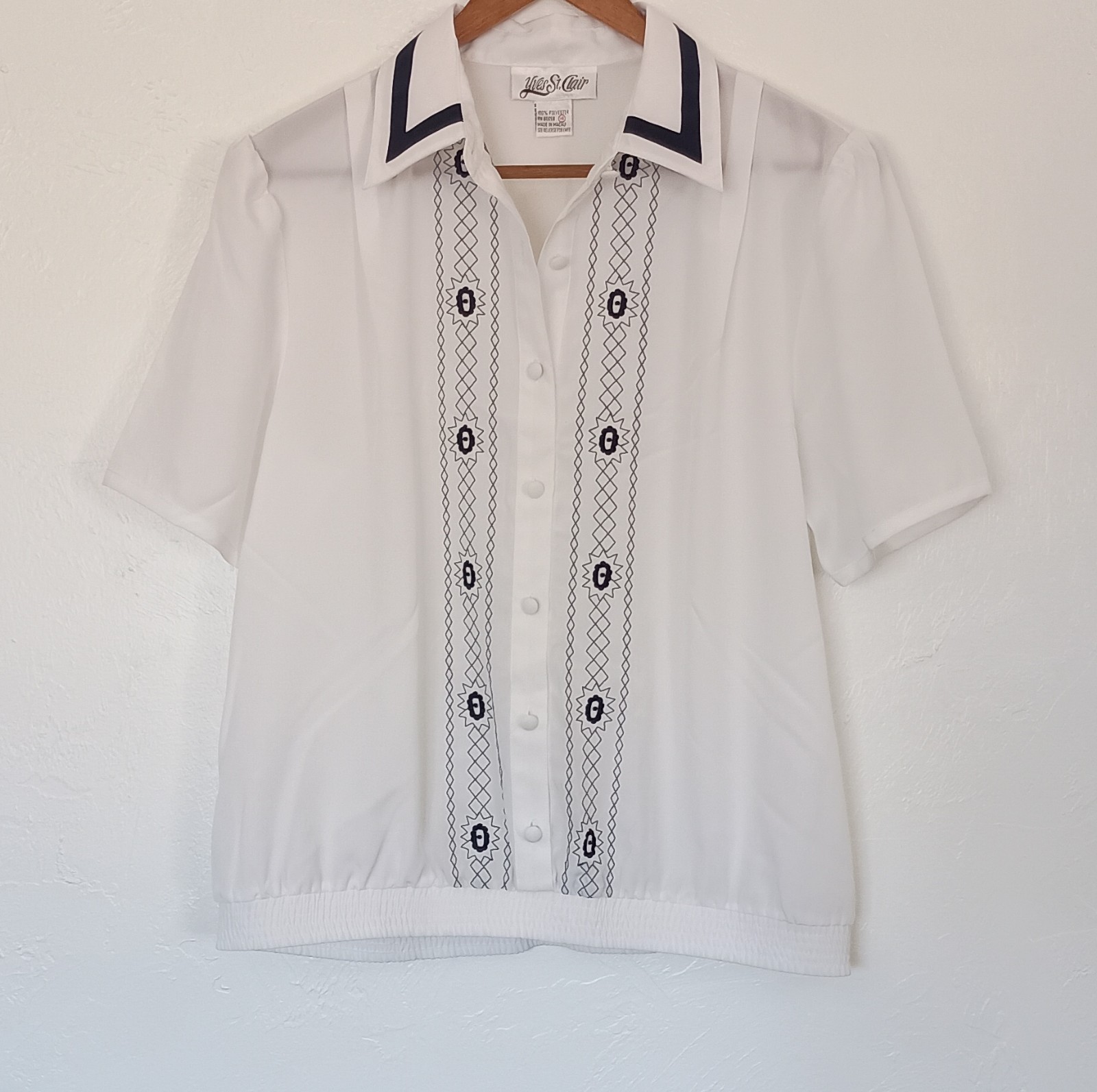 Vintage Yves St. Clair White Navy Geo Embroidered Button Front Shirt Size 14