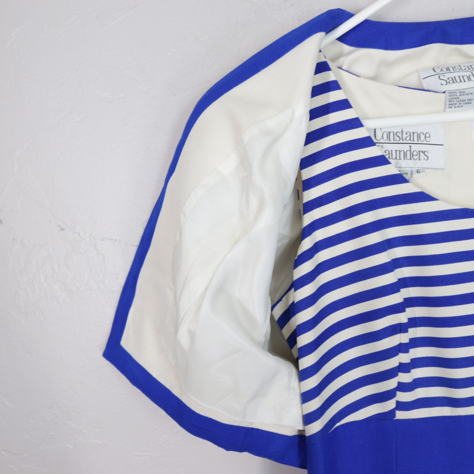 Vtg 80s Constance Saunders Dress 10 Blue White Silk Bolero Jacket Sheath Lined