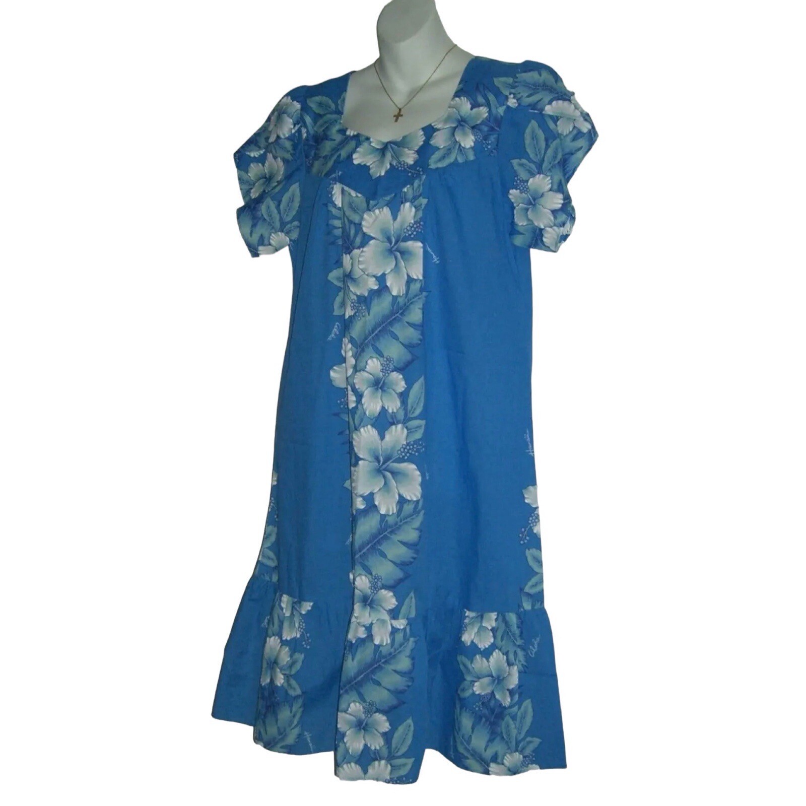Vintage 80’s Kalena Fashions Of Hawaii Dress Flower Blue MuMu Hibiscus Vacation