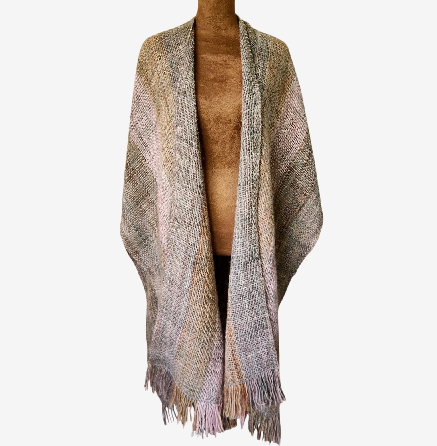 Manos Del Uruguay Handspun Artisan Fringe Poncho Shawl Sweater Knit Blanket Boho