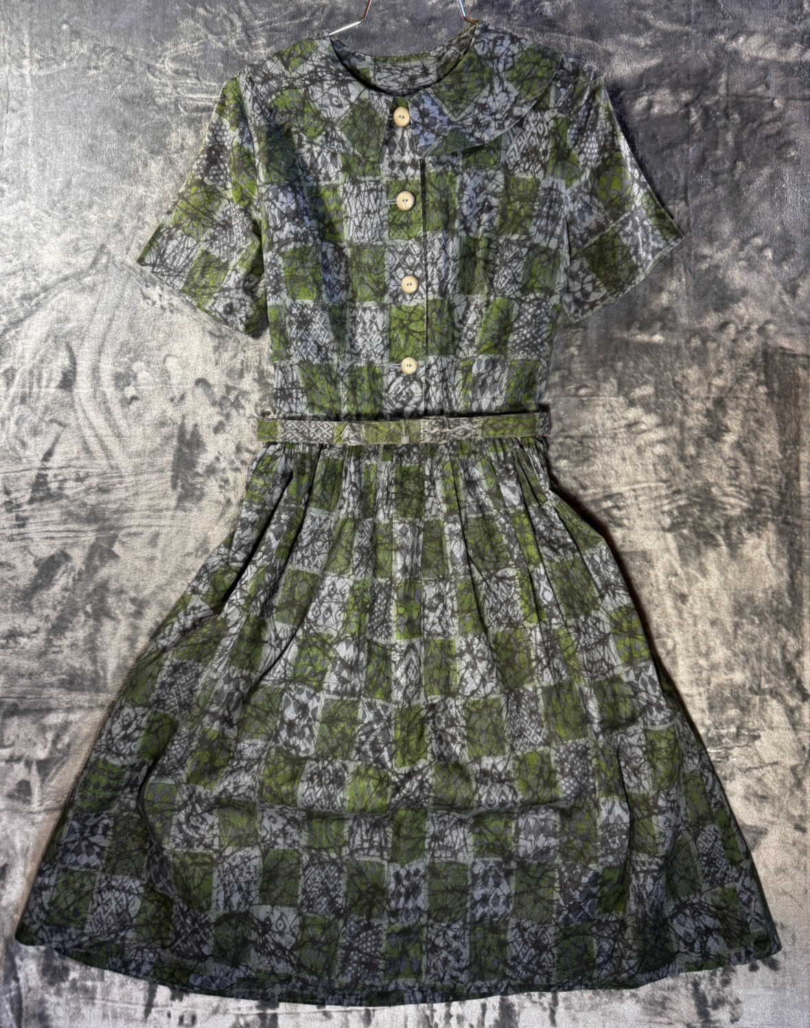 Vintage 50s Day Tea Dress Full Skirt Miss Peg Palmer Peter Pan Collar Green/Grey