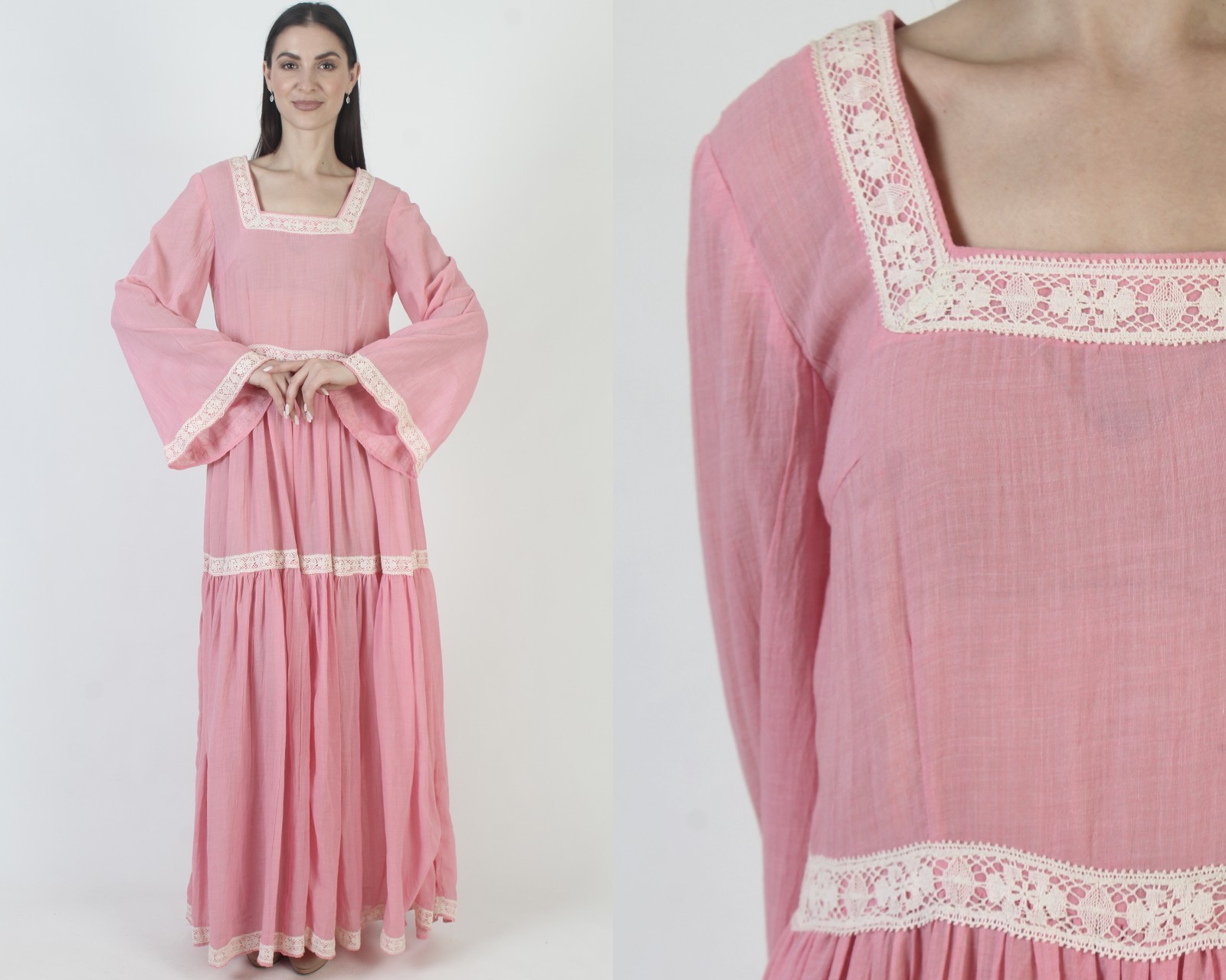 Vtg 70s Pink Prairie Dress Barbiecore Kimono Bell Slv Boho Wedding Maxi Gown