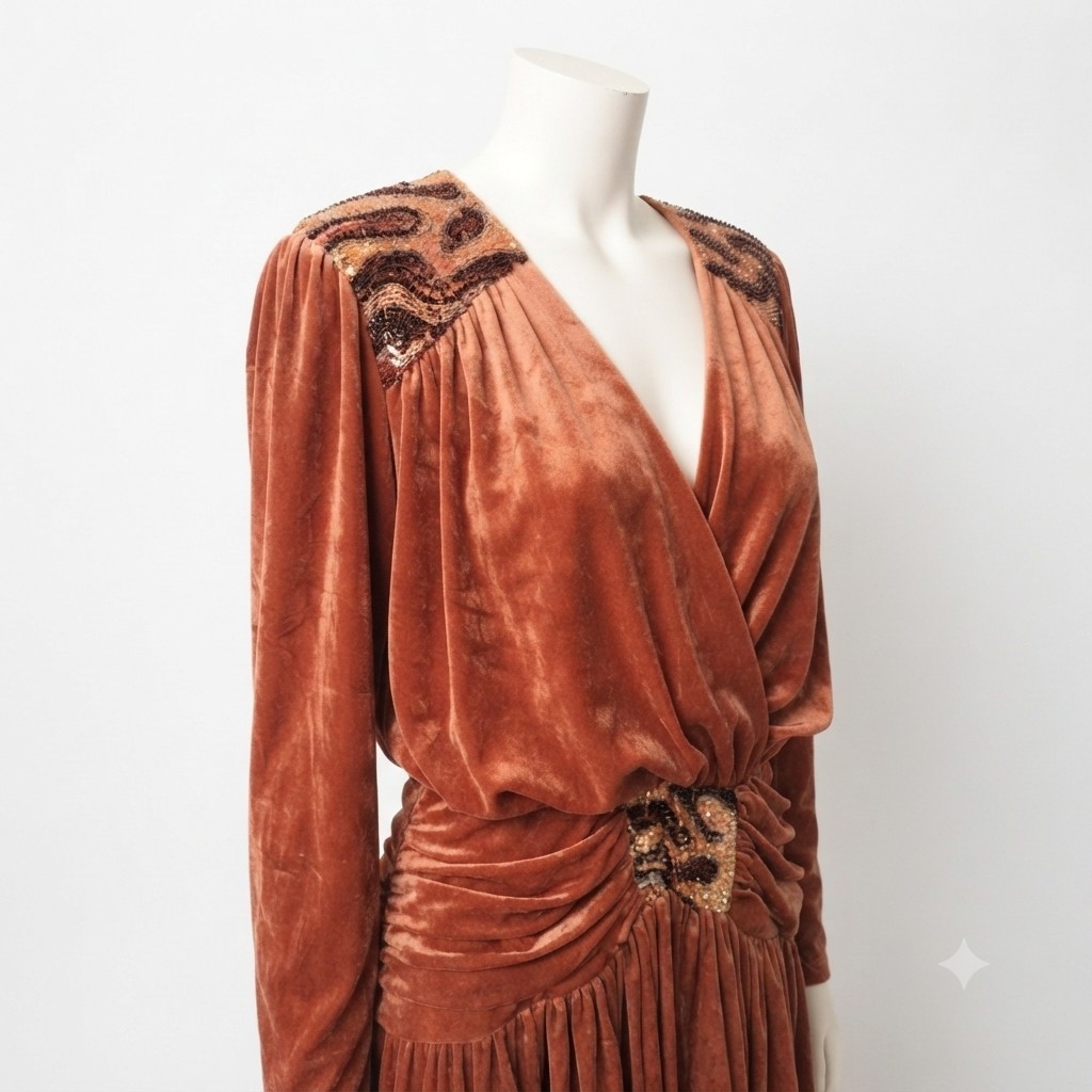 Vintage 80s Rust Velvet Dress 10 Beaded Disco Studio 54 Draped Rare John Charles