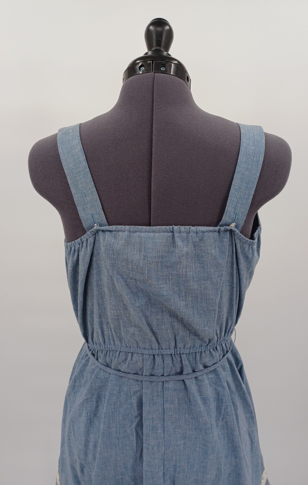 Vintage 1970s Julie Miller Of California Chambray White Lace Bib Prairie Dress